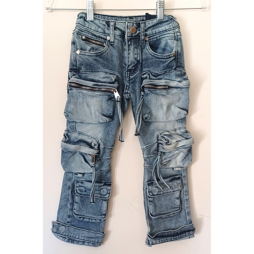 Rockstar Original Cargo Pants Boy 4T Light Blue Acid Wash Multi Pocket Tactical